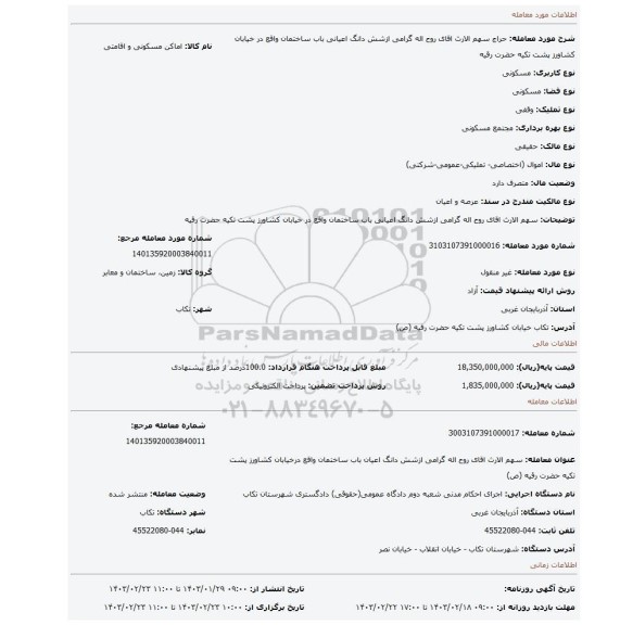 سهم الارث اقای روح اله گرامی ازشش دانگ اعیانی باب ساختمان واقع در خیابان کشاورز پشت تکیه حضرت رقیه