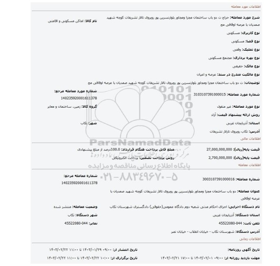 ت دو باب ساختمان مجزا ومجاور بلوارنسرین پور روبروی تالار تشریفات کوچه شهید صمدیان با عرصه اوقافی  مج