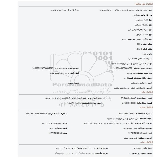 مزایده زمین ویلایی در ویلاشهر بجنورد