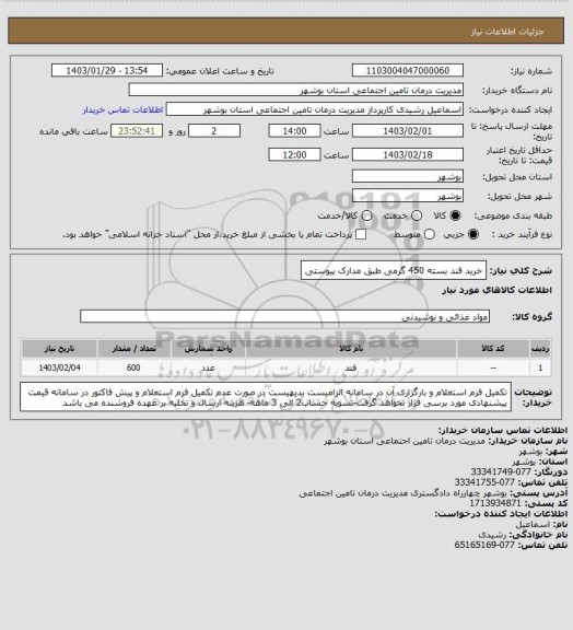 استعلام خرید قند بسته 450 گرمی طبق مدارک پیوستی