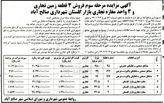 مزایده فروش سه قطعه زمین تجاری و سه واحد مغازه تجاری
