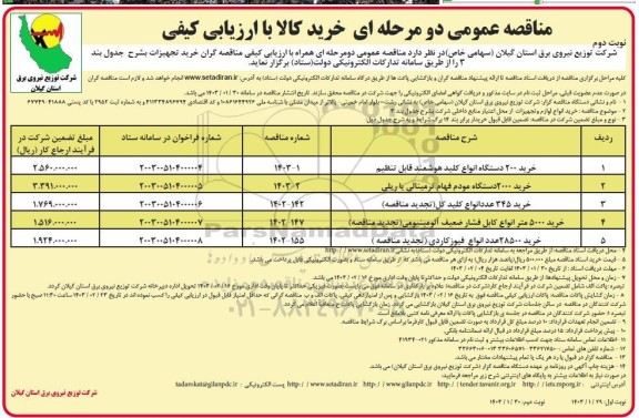 مناقصه خرید ۲۰۰ دستگاه انواع کلید هوشمند قابل تنظیم....- نوبت دوم 