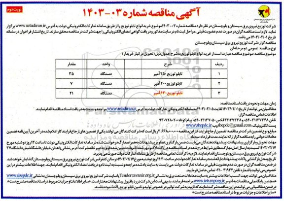 مناقصه خرید انواع تابلو توزیع - نوبت دوم