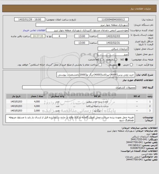 استعلام خرید ژونی پرس(4000)-پیراکانتا(4000)-برگ نو(2000)بامشخصات پیوستی