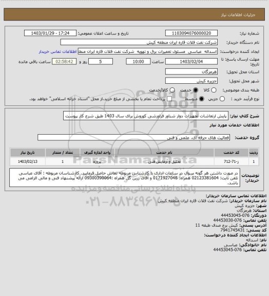 استعلام پایش ارتعاشات تجهیزات دوار شناور فراورشی کوروش، سایت ستاد