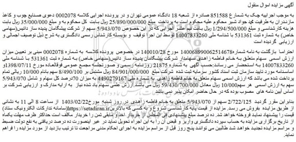 مزایده فروش 5/943/070 سهم از شرکت پیشگامان پدیده ساز داتیس(سهامی خاص)