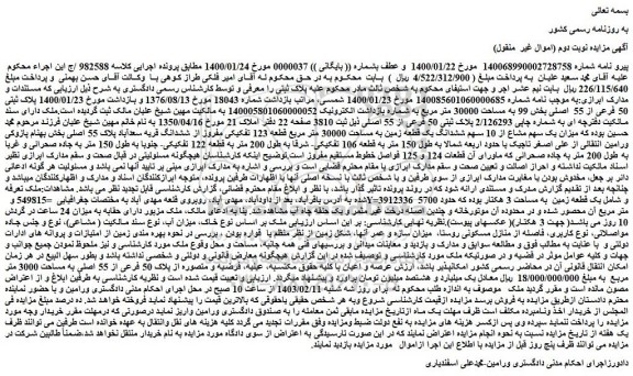 مزایده فروش میزان یک سهم مشاع از 10 سهم ششدانگ یک قطعه زمین به مساحت 30000 متر مربع قطعه 123 تفکیکی مفروز از ششدانگ قریه سعدآباد پلاک 55 اصلی 