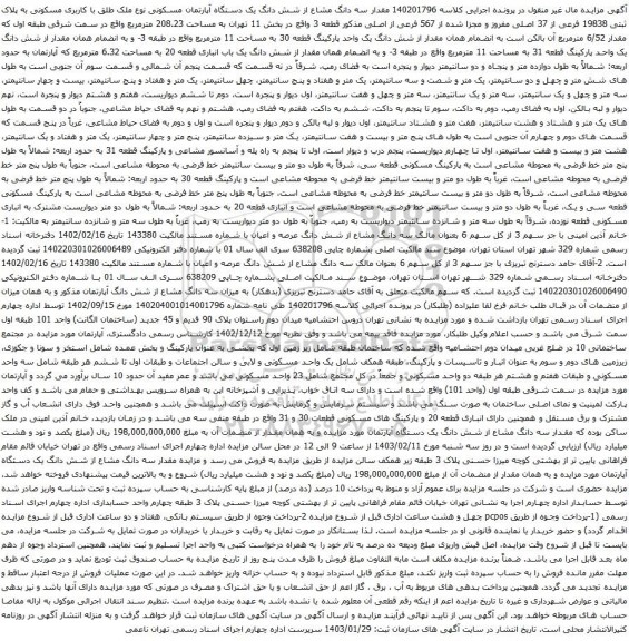 مزایده مقدار سه دانگ مشاع از شش دانگ یک دستگاه آپارتمان مسکونی نوع ملک طلق با کاربری مسکونی به پلاک ثبتی 19838 فرعی از 37 اصلی