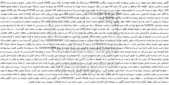 مزایده ششدانگ یک قطعه مغازه به پلاک ثبتی 15481 فرعی از 14 اصلی