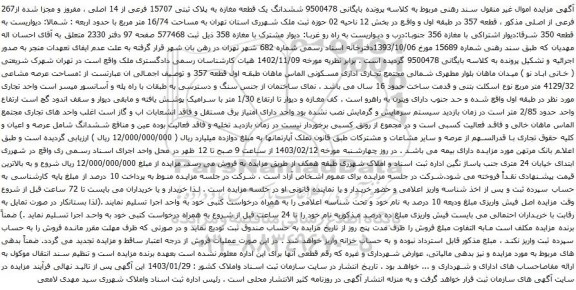 مزایده ششدانگ یک قطعه مغازه به پلاک ثبتی 15707 فرعی از 14 اصلی