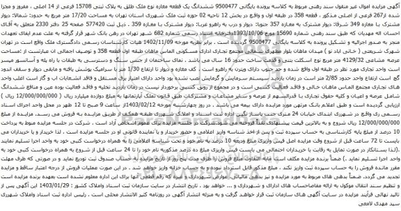 مزایده ششدانگ یک قطعه مغازه نوع ملک طلق به پلاک ثبتی 15708 فرعی از 14 اصلی