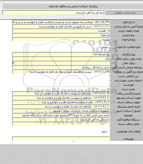 مزایده, اجاره رمین فنس کشی به متراژ۴۲۰مترمربع جهت انبارداری درایستگاه مشهد