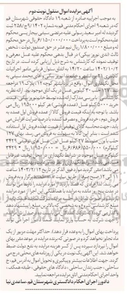 مزایده فروش 127 حلب 30 کیلویی عسل- نوبت دوم