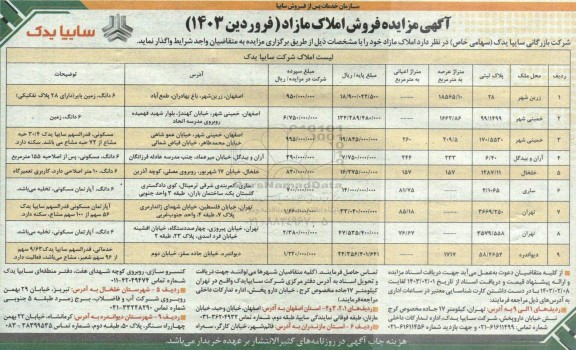 مزایده فروش املاک مازاد