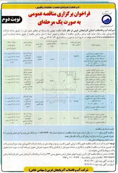 مناقصه احداث تجهیز و حصارکشی دو باب اتاقک سرچاهی و تجهیز دو حلقه چاه در روستای پسوه..- نوبت دوم