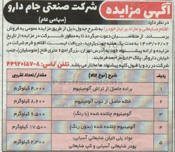 مزایده فروش اقلام ضایعاتی و مازاد بر نیاز