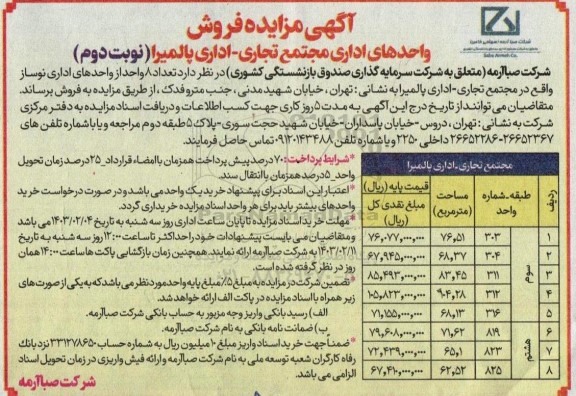 مزایده فروش واحدهای اداری مجتمع تجاری- اداری - نوبت دوم