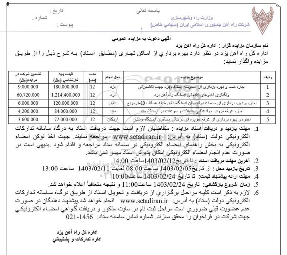 مزایده بهره برداری از اماکن تجاری