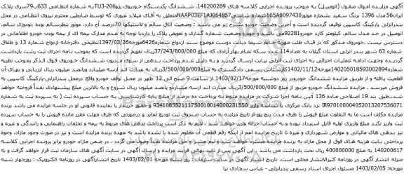 آگهی مزایده ششدانگ یکدستگاه خودروی پژوTU3-206