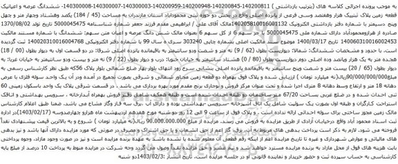 آگهی مزایده ششدانگ عرصه و اعیانیک قطعه زمین پلاک ثبتییک هزار وهفتصد وسی فرعی از پانزده اصلی