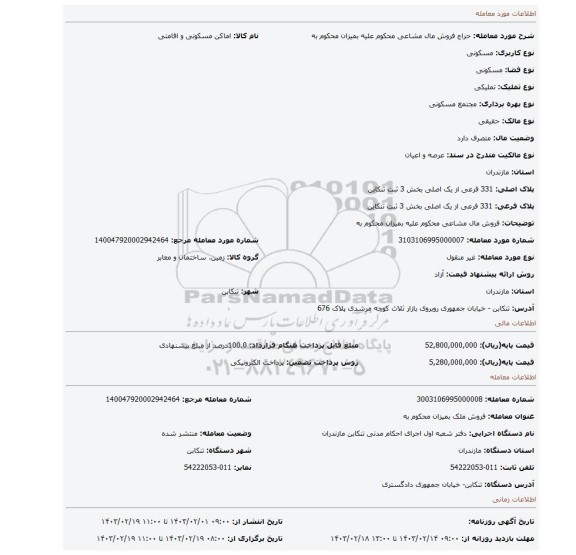 فروش مال مشاعی محکوم علیه بمیزان محکوم به