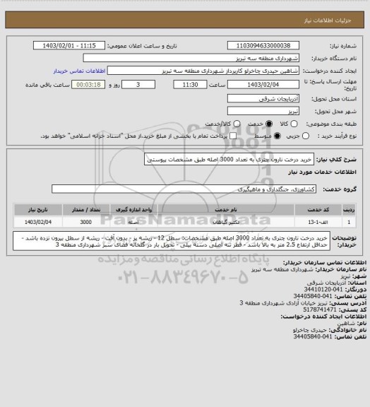 استعلام خرید درخت نارون چتری به تعداد 3000 اصله طبق مشخصات پیوستی