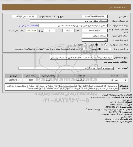 استعلام خرید درخت زبان گنجشک به تعداد 5000 اصله طبق مشخصات پیوستی