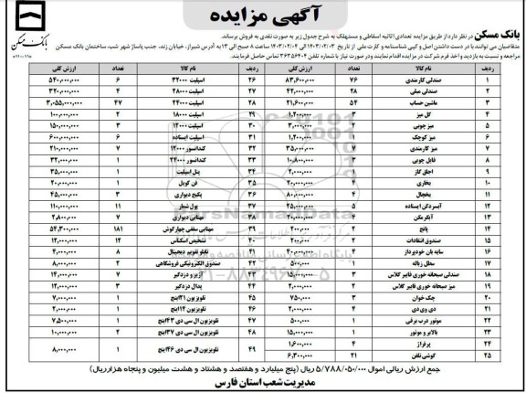 مزایده فروش تعدادی اثاثیه اسقاطی و مستهلک 