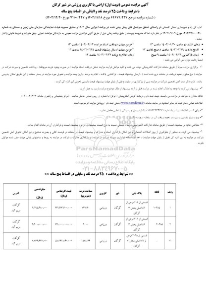 مزایده واگذاری اراضی با کاربری ورزشی