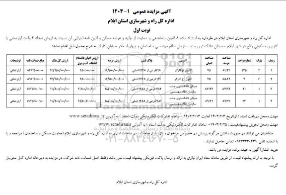 مزایده فروش 4 واحد آپارتمانی با کاربری مسکونی