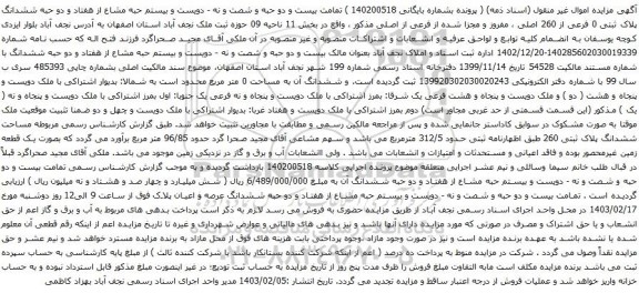 آگهی مزایده ششدانگ پلاک ثبتی 0 فرعی از 260 اصلی ، مفروز و مجزا شده از فرعی از اصلی