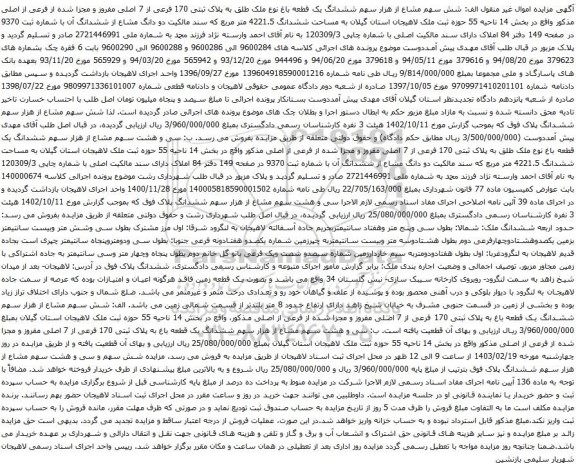 آگهی مزایده  ششدانگ یک قطعه باغ نوع ملک طلق به پلاک ثبتی 170 فرعی از 7 اصلی مفروز و مجزا شده از فرعی از اصلی 