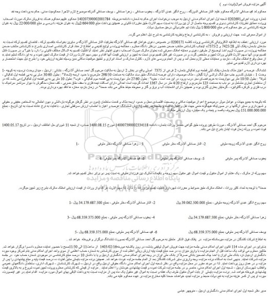 مزایده فروش ششدانگ عرصه و اعیان ملک بشماره پلاک ثبتی قطعه دوم تفکیکی بشماره 2 فرعی از 7375  اصلی