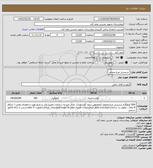 استعلام شنیسل مرغ منجمد