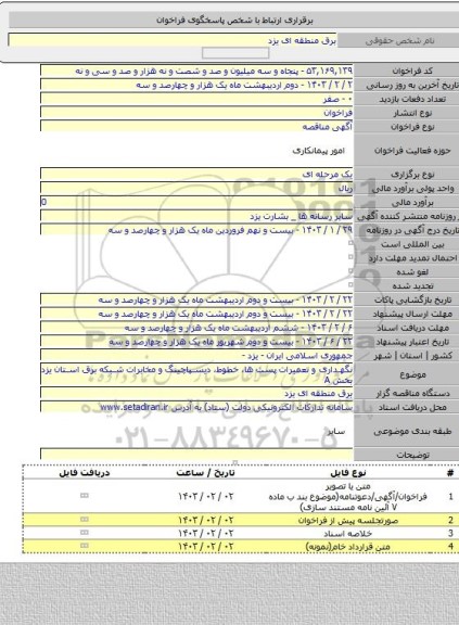 مناقصه, نگهداری و تعمیرات پست ها، خطوط، دیسپاچینگ و مخابرات شبکه برق استان یزد بخش A