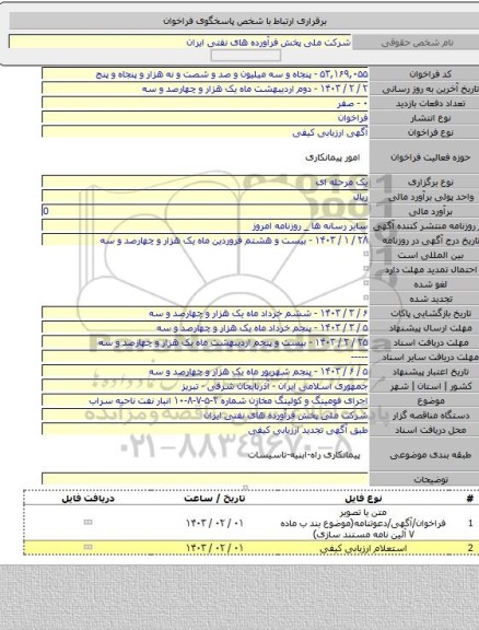 مناقصه, اجرای فومینگ و کولینگ مخازن شماره ۲-۵-۷-۸-۱۰ انبار نفت ناحیه سراب