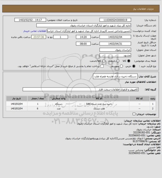 استعلام  دستگاه ذخیره سازی هاردبه همراه هارد