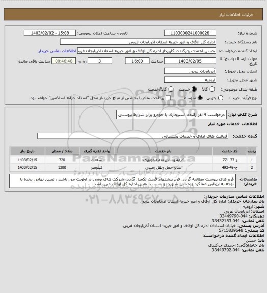 استعلام درخواست 4 نفر راننده استیجاری با خودرو برابر شرایط پیوستی