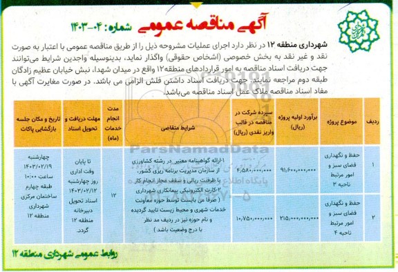 مناقصه حفظ و نگهداری فضای سبز 