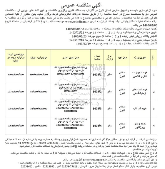 مناقصه خرید تجهیزات اداری کلاسی و ...