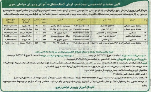 مزایده فروش 6 ملک - نوبت دوم