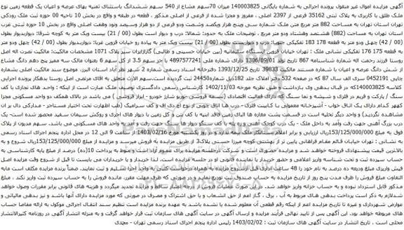آگهی مزایده یک قطعه زمین نوع ملک طلق با کاربری به پلاک ثبتی 35162 فرعی از 2397 اصلی