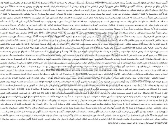 آگهی مزایده ششدانگ یکدستگاه اپارتمان به مساحت 107/18 مترمربع که 1/25 متر مربع 