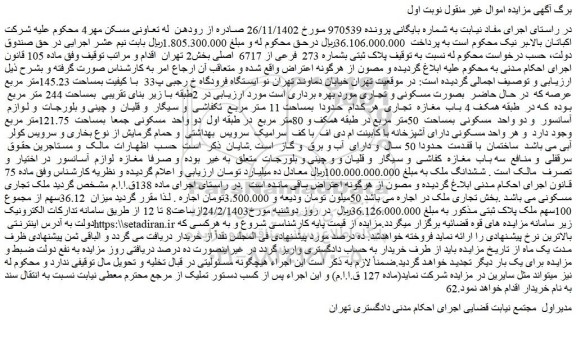 مزایده فروش ملک پلاک ثبتی بشماره 273 فرعی از 6717 اصلی