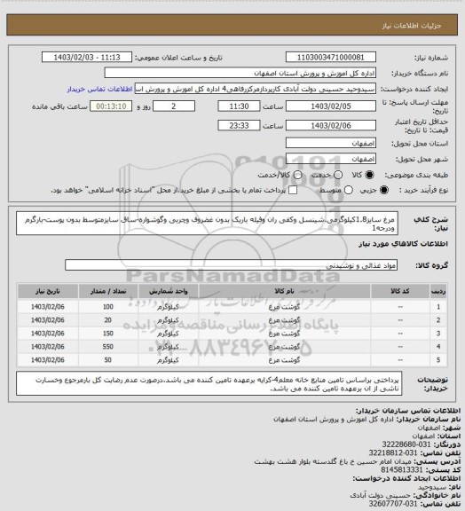 استعلام مرغ سایز1.8کیلوگرمی.شینسل وکفی ران وفیله باریک بدون غضروف وچربی وگوشواره-ساق سایزمتوسط بدون پوست-بارگرم ودرجه1