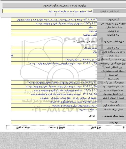 مناقصه, خرید انواع پایه بتنی نسلح چهارگوش ۱۲ متری