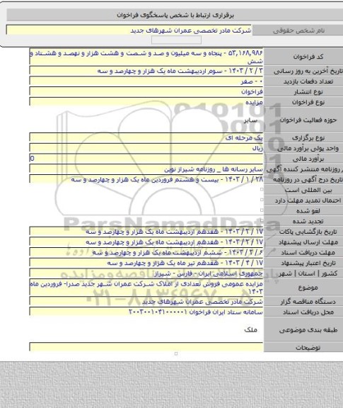 مزایده, مزایده عمومی فروش تعدادی از املاک شرکت عمران شهر جدید صدرا- فروردین ماه ۱۴۰۳