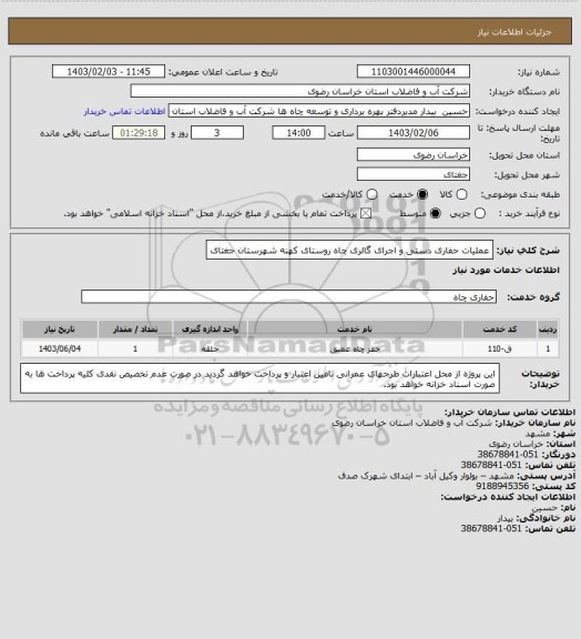 استعلام عملیات حفاری دستی و اجرای گالری چاه روستای کهنه شهرستان جغتای