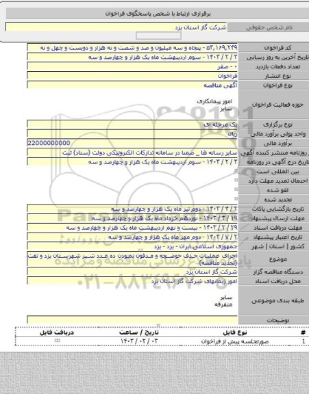 مناقصه, اجرای عملیات حذف حوضچه و مدفون نمودن ده عدد شیر شهرستان یزد و تفت (تجدید مناقصه)