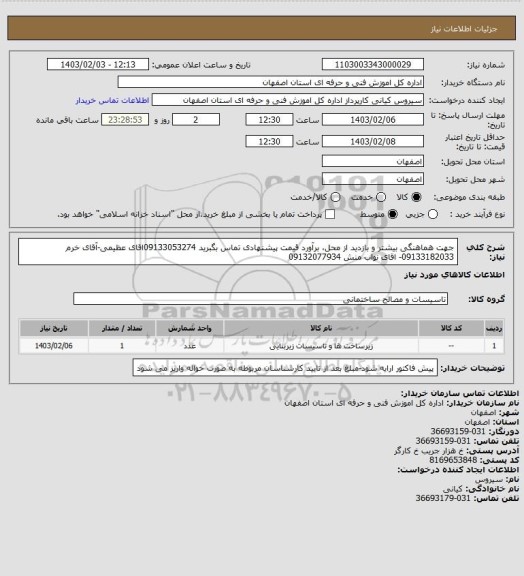استعلام جهت هماهنگی بیشتر و بازدید از محل، برآورد  قیمت پیشنهادی تماس بگبرید  09133053274اقای عظیمی-آقای خرم   09133182033- اقای نواب منش 09132077934